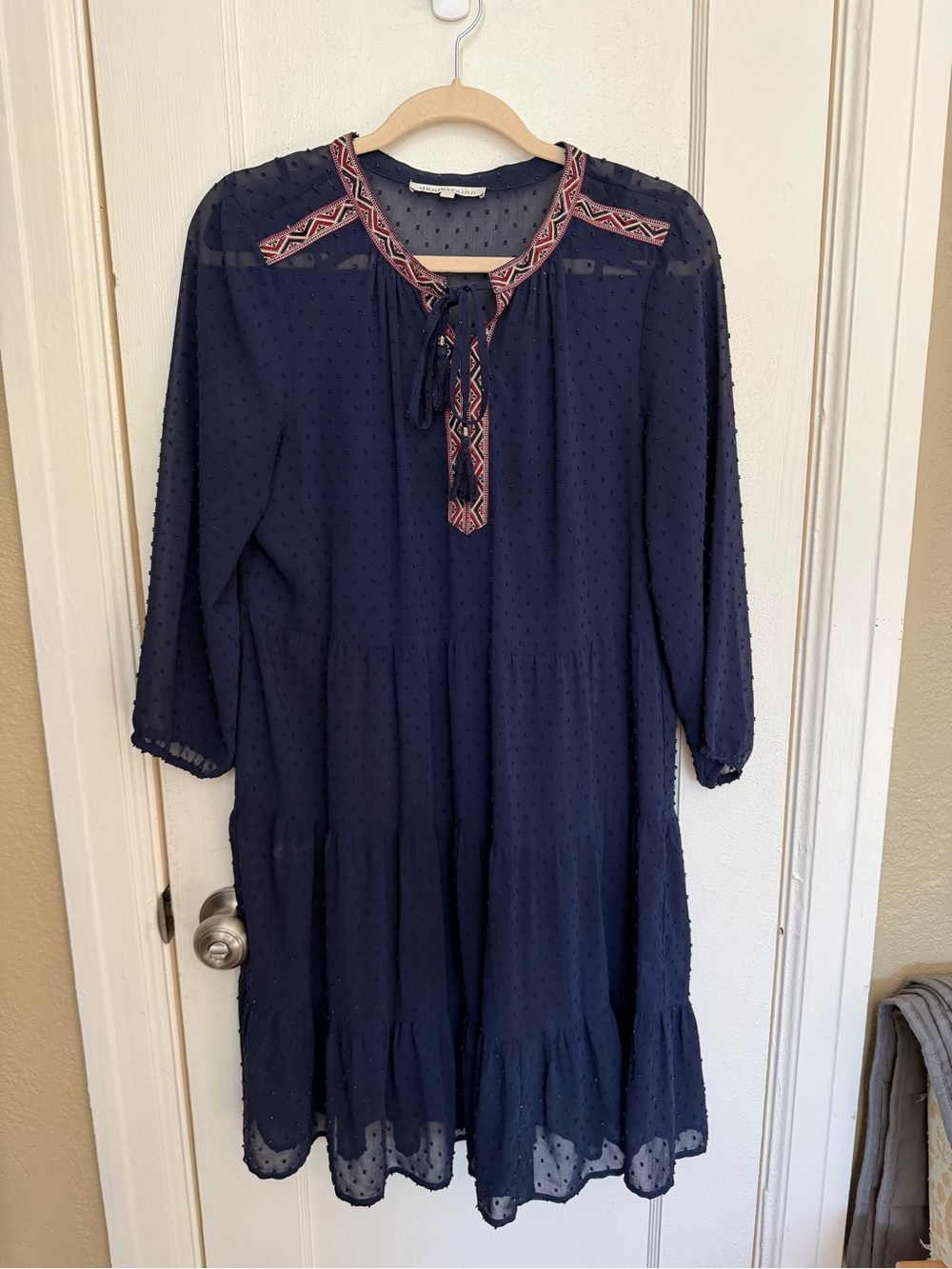 Daniel Rainn Navy Tiered Swiss Dot Dress with Embroidered Neckline. Size M